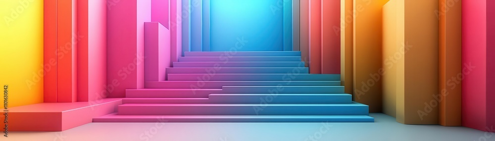Poster a vibrant, abstract scene featuring colorful geometric shapes and steps leading towards a bright lig