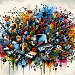 Street Art Urban graffiti style depiction of office tools and ne
