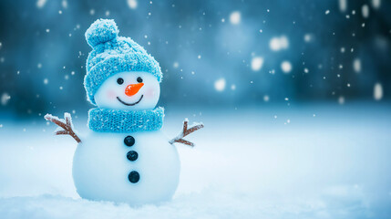 Fototapeta premium cheerful snowman with a blue hat and scarf in a snowy winter landscape with falling snowflakes. Copy space. Generative AI 
