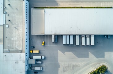 Aerial view of an industrial warehouse with a truck loading dock, surrounded by a parking lot and cars. The warehouse architecture features a white roof. image was captured using aerial photography