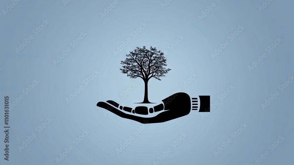 Poster concept of green technology, a robotic hand supporting the environment through a globe with a tree i