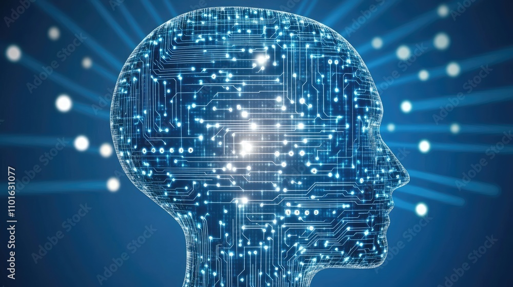 Poster conceptual image of artificial intelligence symbolized by an ai chip embedded in a glowing digital c
