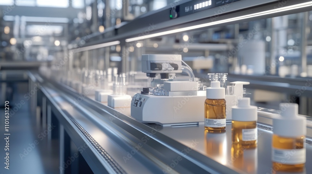 Aufkleber High-tech filling machine dispensing liquids into bottles, with precision and automation on a large packaging line in a modern factory.