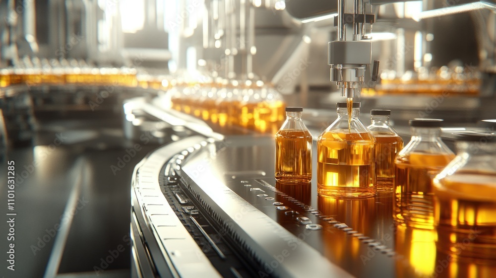 Poster High-tech filling machine dispensing liquids into bottles, with precision and automation on a large packaging line in a modern factory.