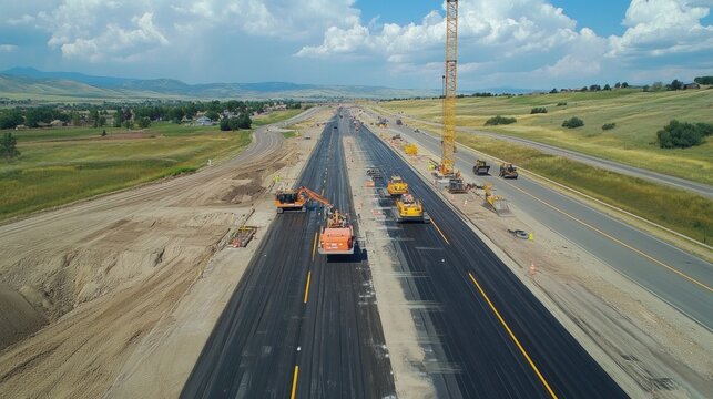Bird eye view of a highway construction project with multiple lanes being paved, cranes lifting materials, and machinery operating on-site. The scene shows infrastructure development in action.