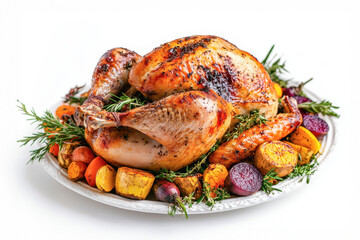 Roasted Thanksgiving or Christmas turkey presented on platter with colorful root vegetables isolated on  white background