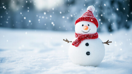 happy snowman with a red hat and scarf standing in a snowy landscape with falling snowflakes and a blurred winter background. Copy space. Generative AI	