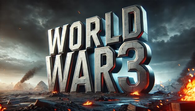 World war 3 concept with fiery battlefield and dramatic skies. WW3 depicted through destruction and global conflict.