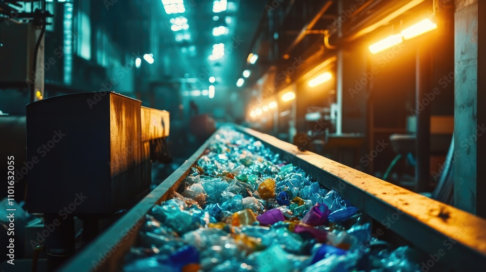 Aufkleber Industrial sorting machine processing plastic waste in a factory, the machine bright lights and colorful components helping to organize materials efficiently