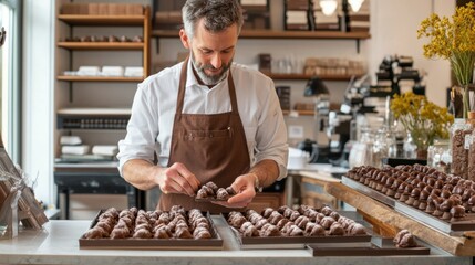 Artisan chocolatier arranging handcrafted chocolates in a modern confectionery shop with wooden counters and warm ambiance during the daytime