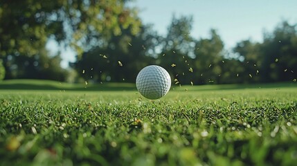 Vibrant Golf Ball in Motion on Lush Green Golf Course Backdrop