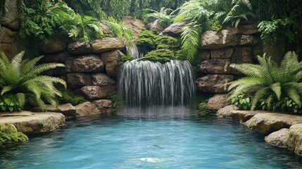 Naklejka premium Cascading waterfall flows into a clear turquoise pool surrounded by vibrant green tropical foliage perfect for spa or eco-tourism promotion.