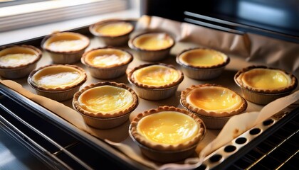 tray of recently baked small cheese tarts with golden brown hue