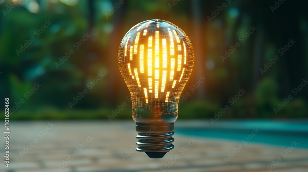Poster a glowing light bulb with intricate filament design suspended in mid-air, surrounded by greenery, cr
