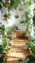 Naklejka premium A serene indoor garden filled with various plants, creating a peaceful and refreshing atmosphere.