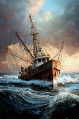 Fototapeta premium Rusty fishing trawler battles stormy sea.