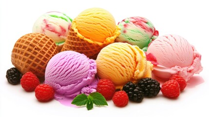 Deliciously bright ice cream scoops in colorful bowls, surrounded by scattered berries and crisp waffle cones on a clean white background.