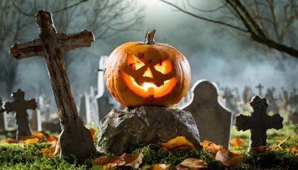 Terrifying pumpkin-headed zombie clawing its way out of a haunted graveyard cemetery under a misty moonlit sky, surrounded by eerie tombstones and twisted trees, capturing a chilling
