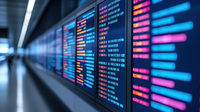 A digital display board at an airport shows flight information in vibrant colors, indicating arrivals and departures.