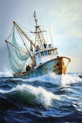 Fishing trawler battling stormy ocean waves.