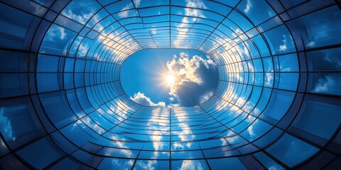 A Unique Perspective of a Modern Glass Building with Reflection of Clouds and a Brilliant Sun Creating a Dramatic Architectural View from Below