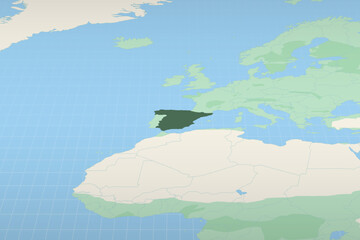 Spain highlighted on a detailed map, geographic location of Spain.
