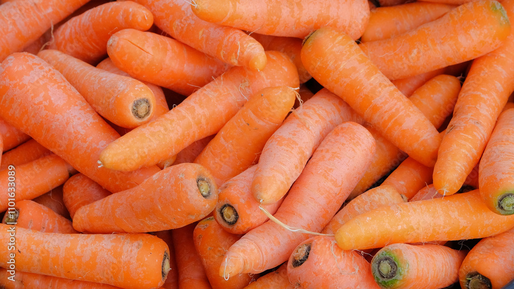 Poster background pattern and texture of a pile of orange carrots.pile of carrots at the market. source of 