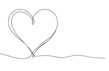 Heart continuous one line drawing, Black and white vector minimalist illustration of love concept made of one line