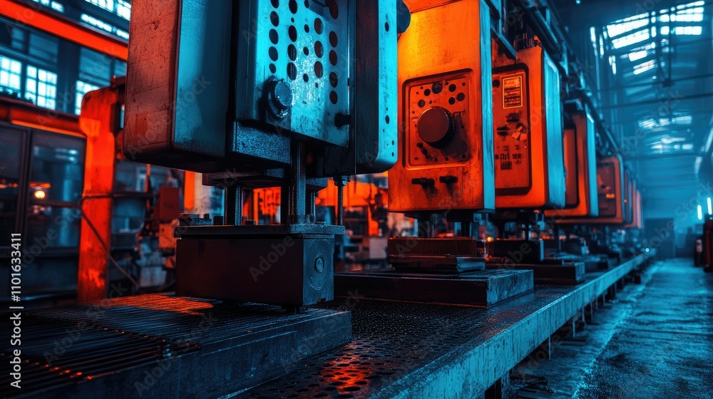 Poster powerful industrial press machine in a vibrant workshop, surrounded by bold colors and dynamic light
