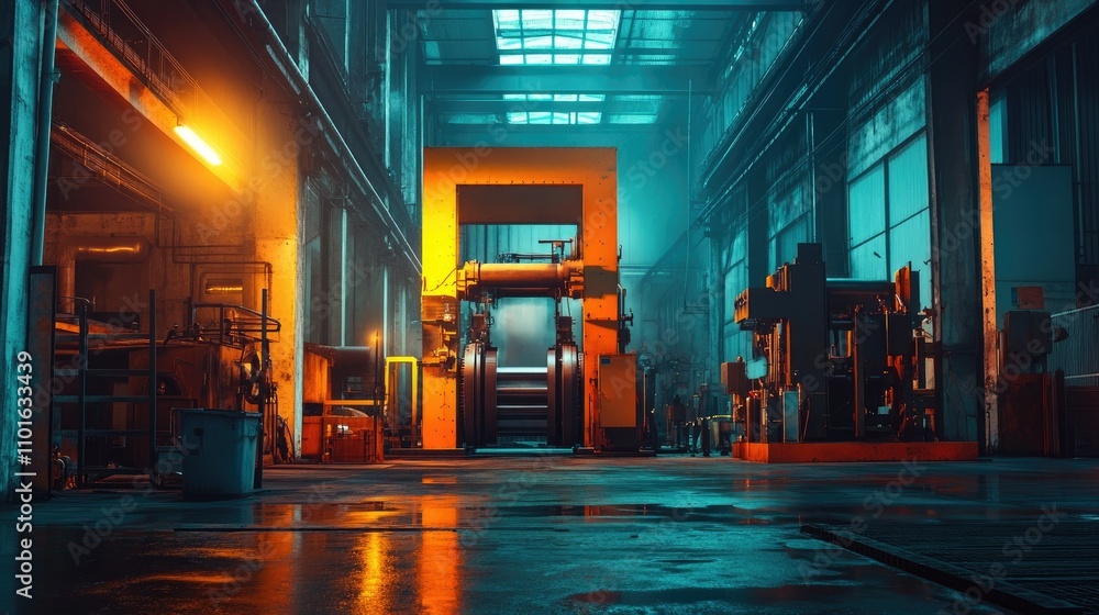 Poster powerful industrial press machine in a vibrant workshop, surrounded by bold colors and dynamic light