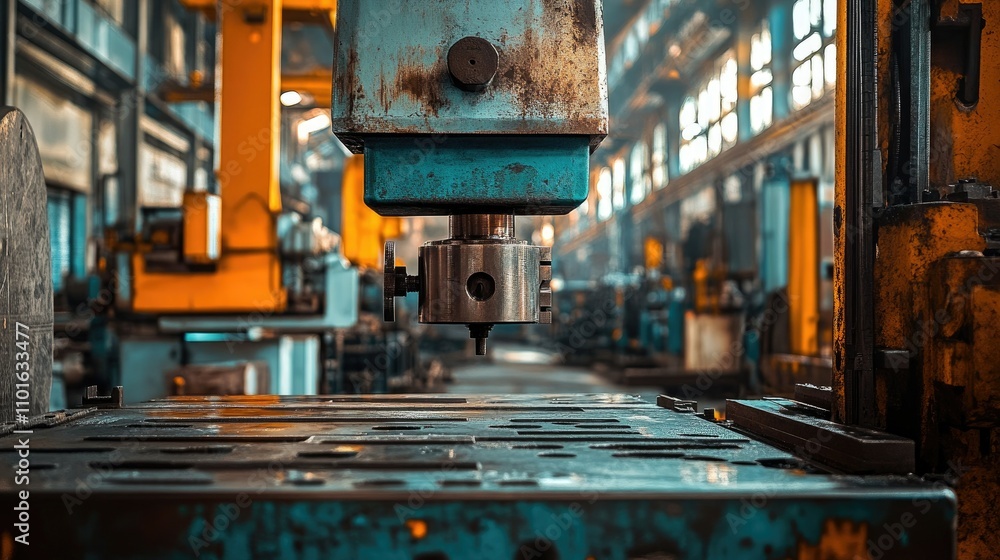 Poster powerful industrial press machine in a vibrant workshop, surrounded by bold colors and dynamic light
