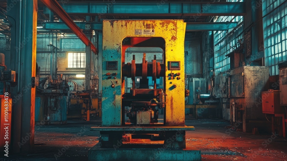 Poster powerful industrial press machine in a vibrant workshop, surrounded by bold colors and dynamic light