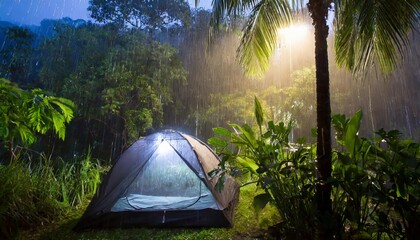 Rainfall on a Tent at Night in a Tropical Forest - A Calm, Peaceful Scene for Meditation and Relaxation During Camping, Surrounded by Natureâ€™s Quiet Sounds and Tranquil Atmosphere.