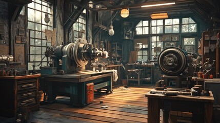Fototapeta premium Retro industrial machine in a cozy, warmly lit workshop with textured wooden floors and walls, creating an atmosphere of timeless craftsmanship.