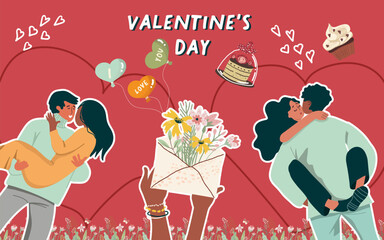 Collage, banner, background, Valentine's Day, love, love story, love is, relationship, people, flowers, nature, spring, hand drawn vector.