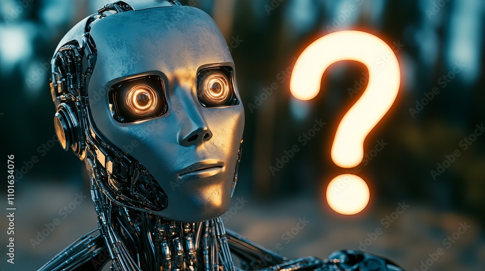 Poster a close-up of a metallic robot with glowing eyes, expressing curiosity and confusion against a soft 