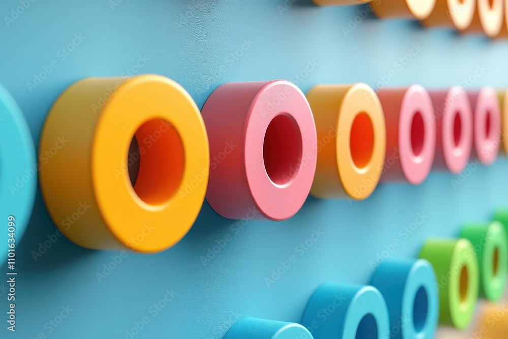 Poster colorful circular objects arranged in a pattern on a blue background, creating a vibrant visual effe