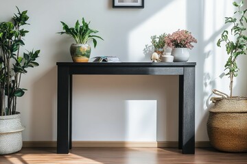 Black console table, plants, sunlight, modern decor.
