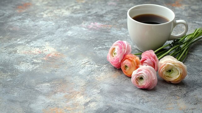 Pastel Ranunculus flowers and a coffee cup on a gray stone table, ideal for greeting cards celebrating love or honoring women, with space for personalized text.