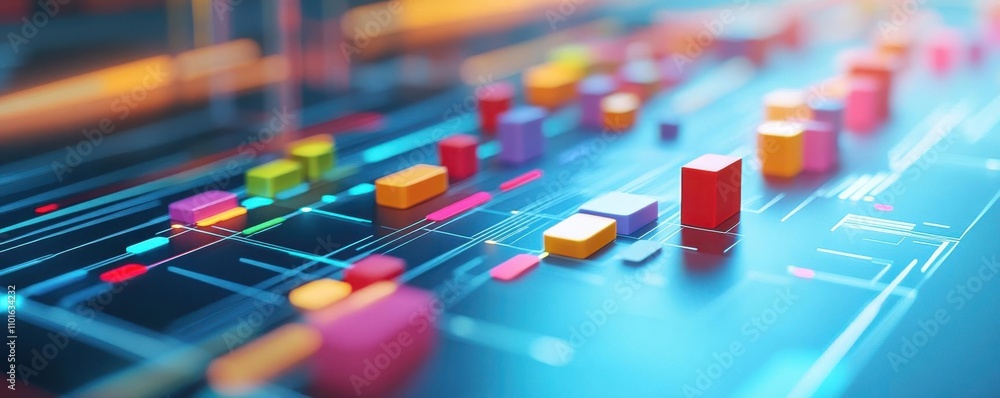 Poster a vibrant digital landscape featuring colorful blocks on a grid, symbolizing data visualization and 