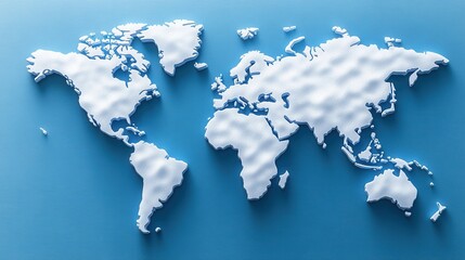 Creative and Modern 3D Relief Map of the World in White Over a Soft Blue Background for Global Awareness, Environmental Themes, and Travel Inspiration
