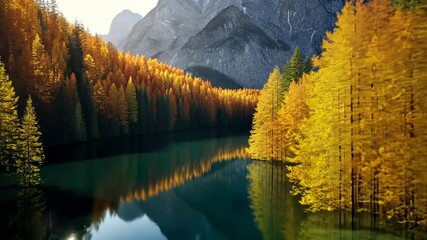 Sunbeams illuminate golden autumn trees reflected in a tranquil lake, nestled amidst a mountainous forest. - Powered by Adobe