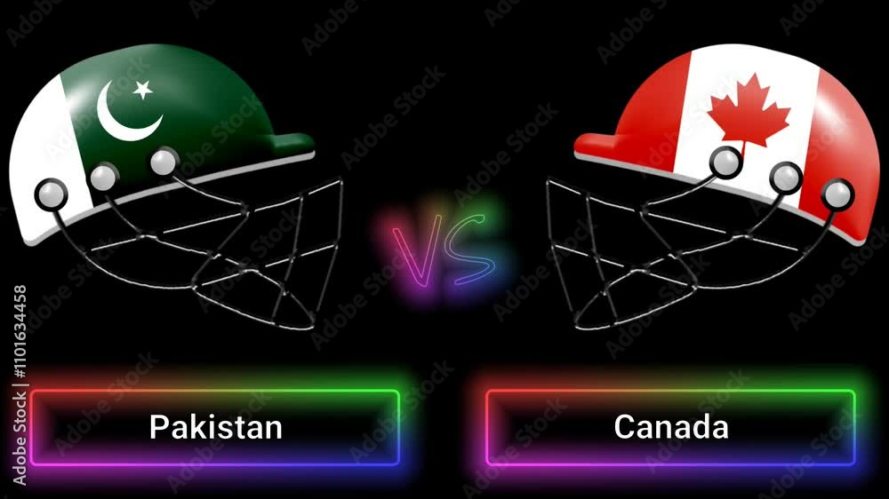 Poster pakistan vs canada match animation with flags on helmets and colorful border over text all on black 