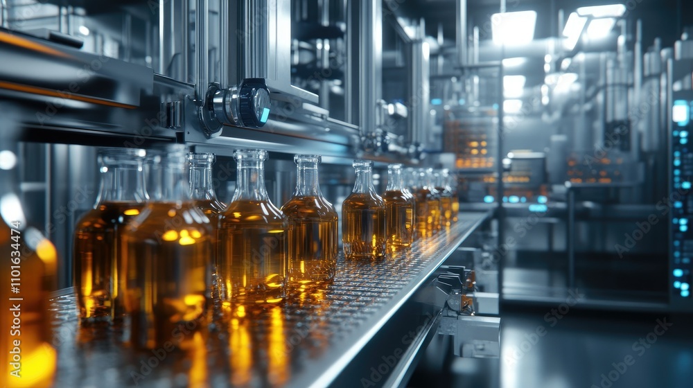 Aufkleber Technician monitoring a modern liquid filling machine as it fills bottles, with automated systems in the background and a clean environment.
