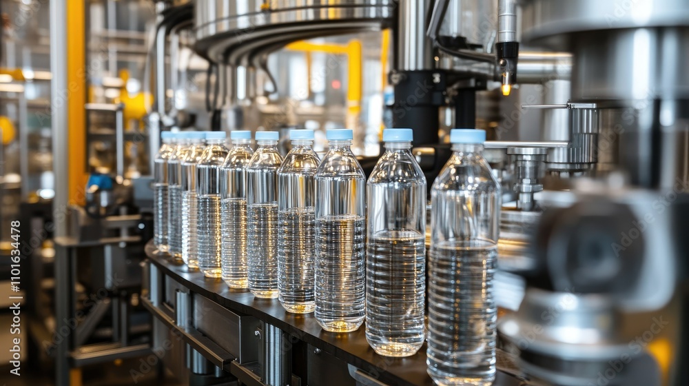 Poster Technician monitoring a modern liquid filling machine as it fills bottles, with automated systems in the background and a clean environment.