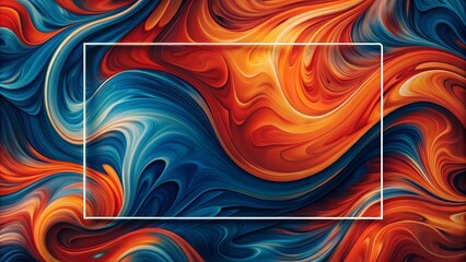 Abstract swirling vibrant blue and orange paint texture with a rectangular frame for text or design