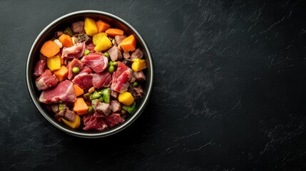 Bowl filled with raw dog food featuring meat, fish, fruits, and vegetables arranged artfully against a dark background for clear text display
