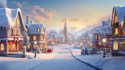 A charming village square alive with the twinkle of Christmas lights, as families gather to share warmth and joy on a snowy evening