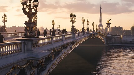 breathtaking and realistic scene of the Pont Alexandre III bridge in Paris, capturing its grandeur and intricate details. The iconic bridge arches gracefully
