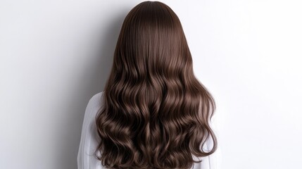 Naklejka premium Chocolate brown wig with wavy texture displayed on a white background, showcasing women's beauty and hair styling options.
